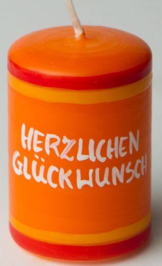 ahrens Stumpenkerze Herzlichen Glückwunsch, orange/gelb