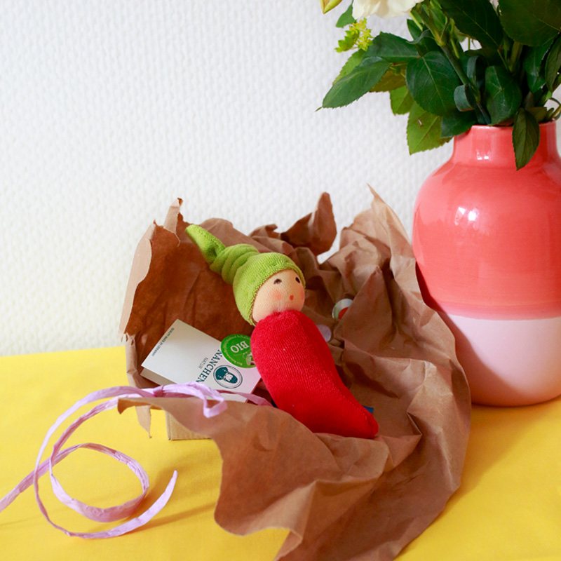 Handgefertigte Stoffpuppe mit Mütze und Bio-Label Eine handgefertigte Stoffpuppe mit grüner Mütze und rotem Körper liegt in braunem Papier neben einer Vase mit Blumen.